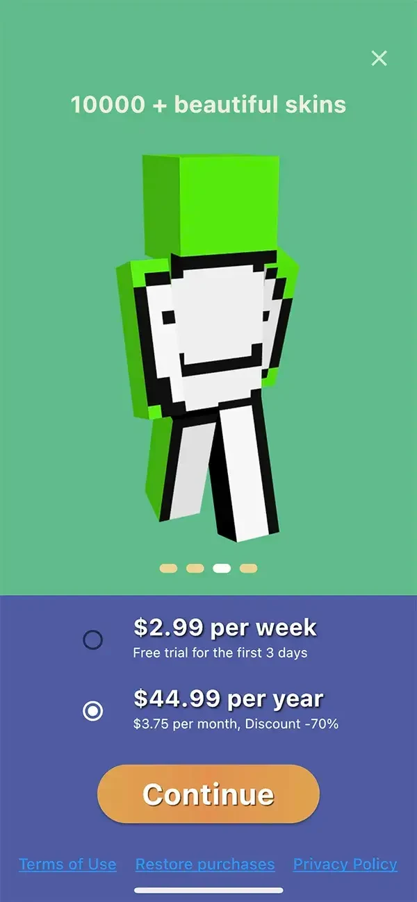 Skins for Minecraft paywall screen