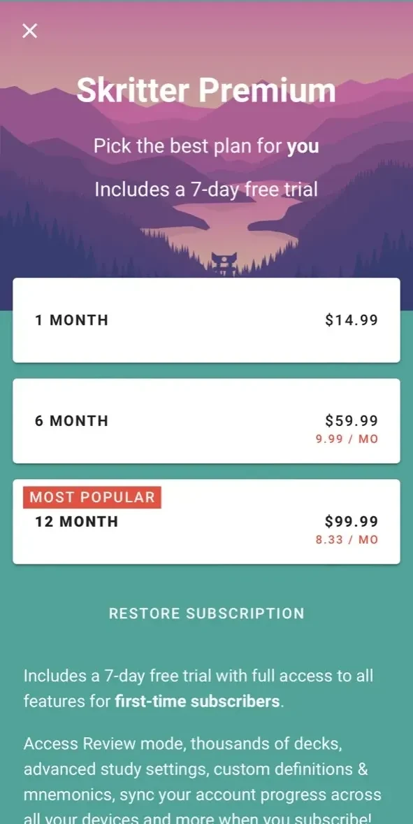 Skritter paywall screen