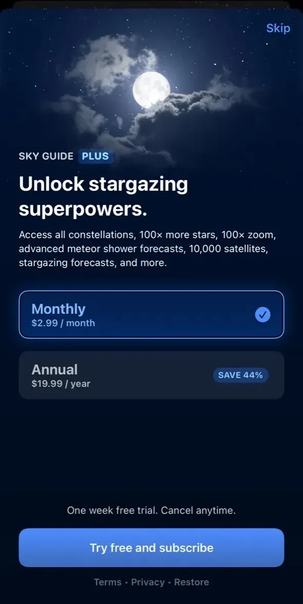 Sky Guide paywall screen