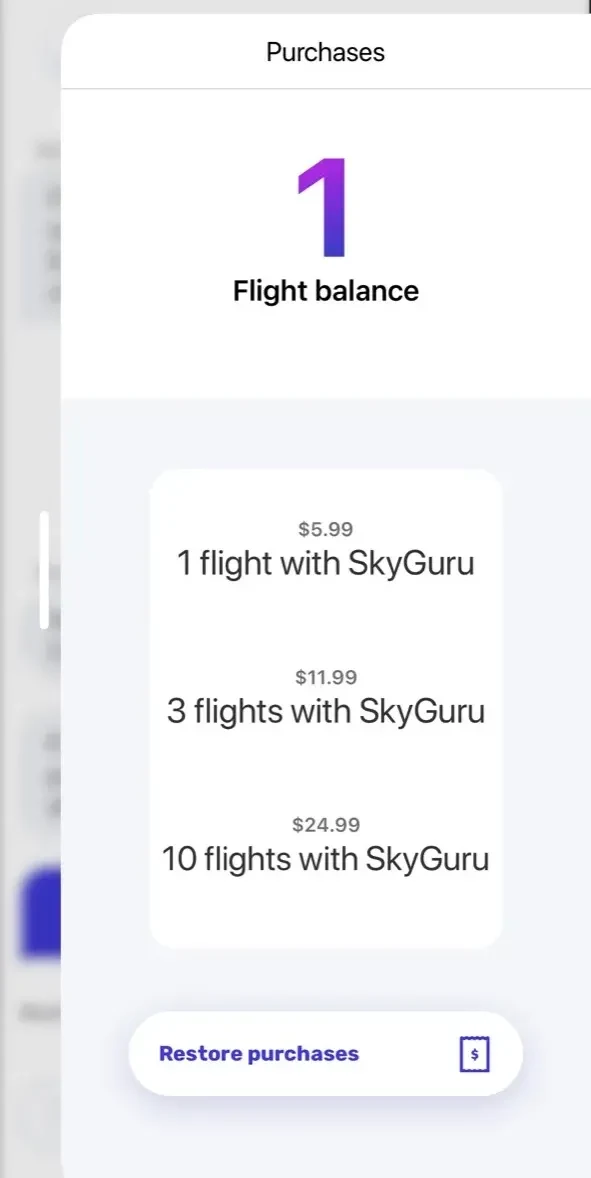 Sky Guru Fear of flying paywall screen