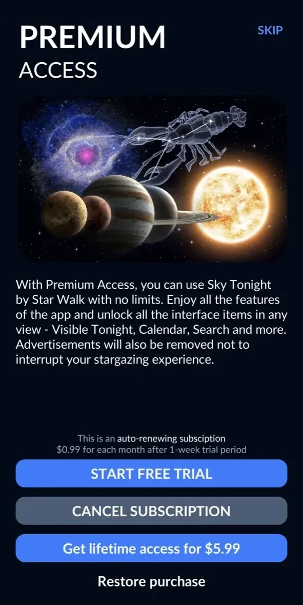 Sky Tonight paywall screen