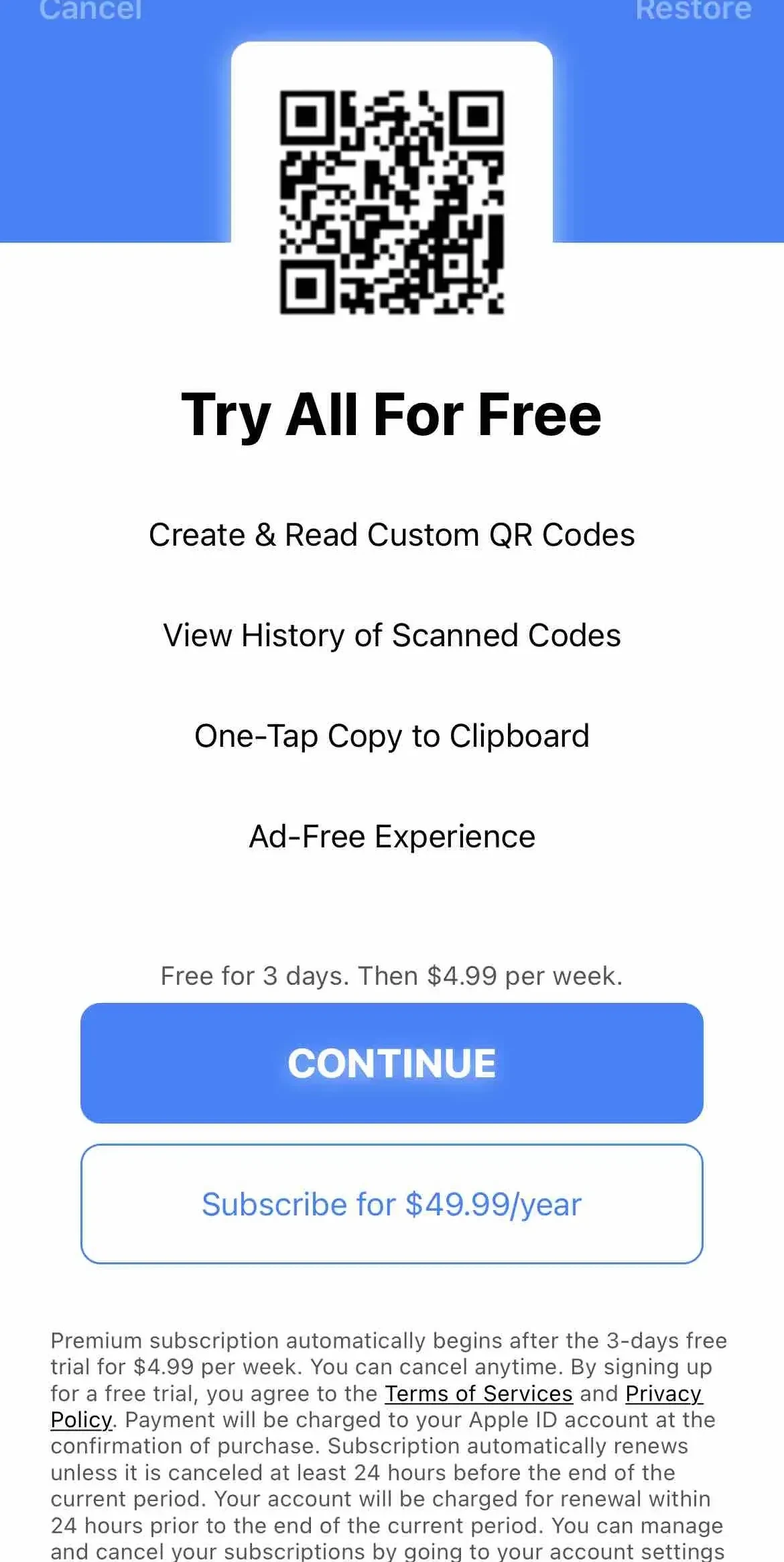 SkyBlueScan paywall screen