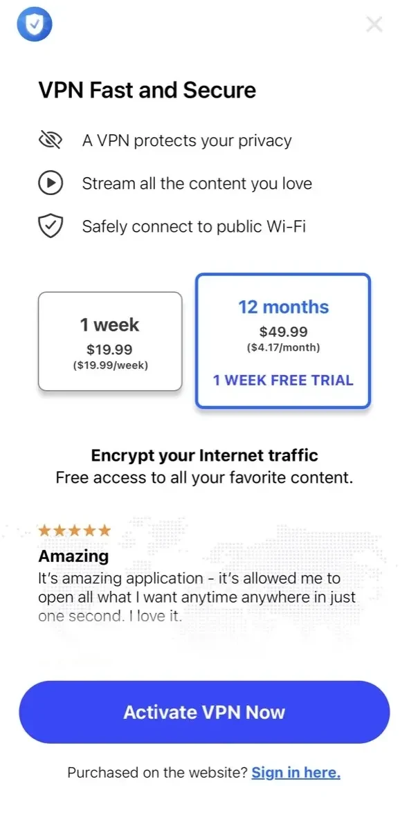 SkyBlueVPN paywall screen