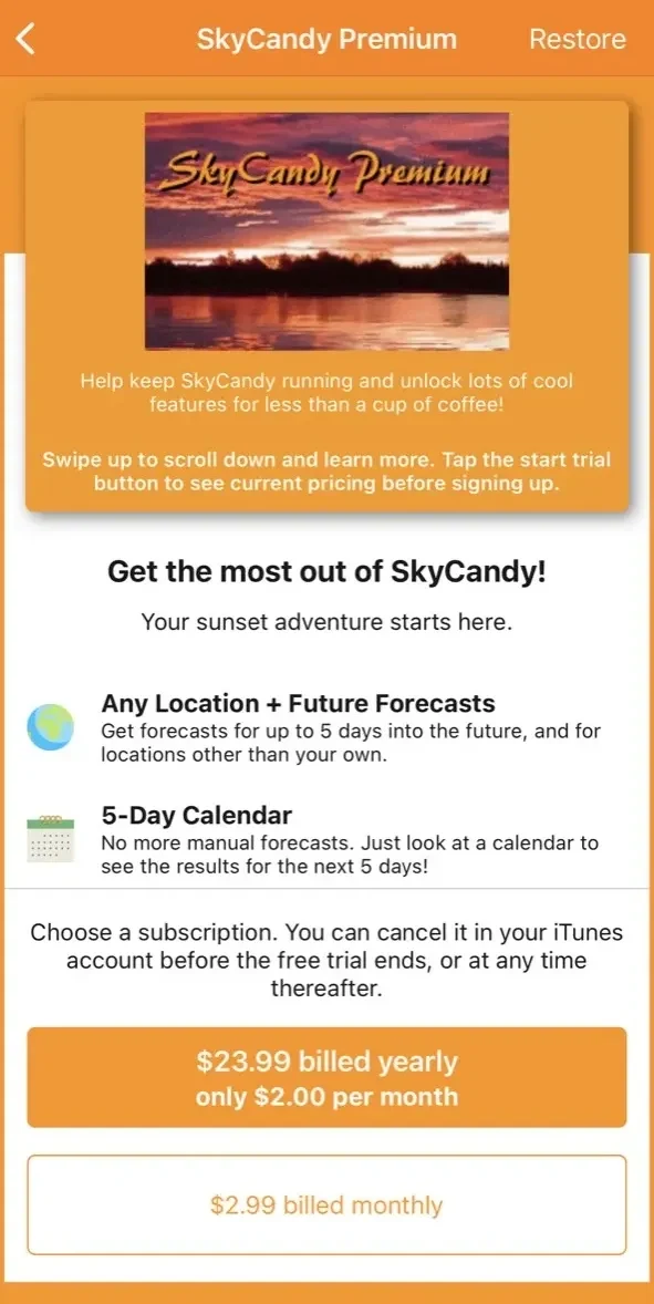SkyCandy paywall screen