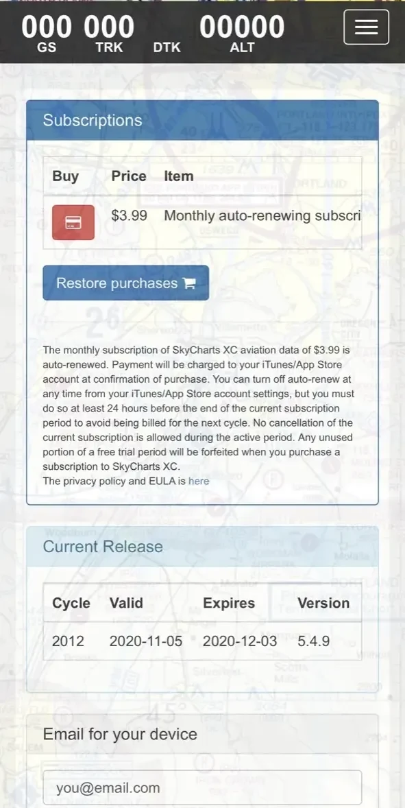 SkyCharts XC EFB paywall screen