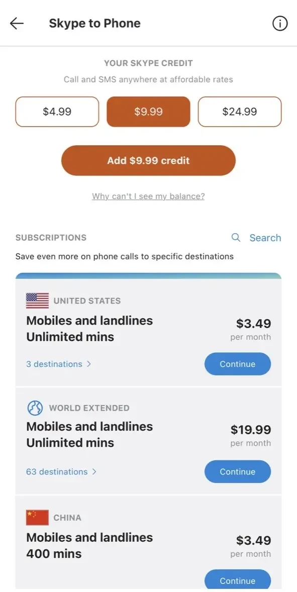 Skype paywall screen