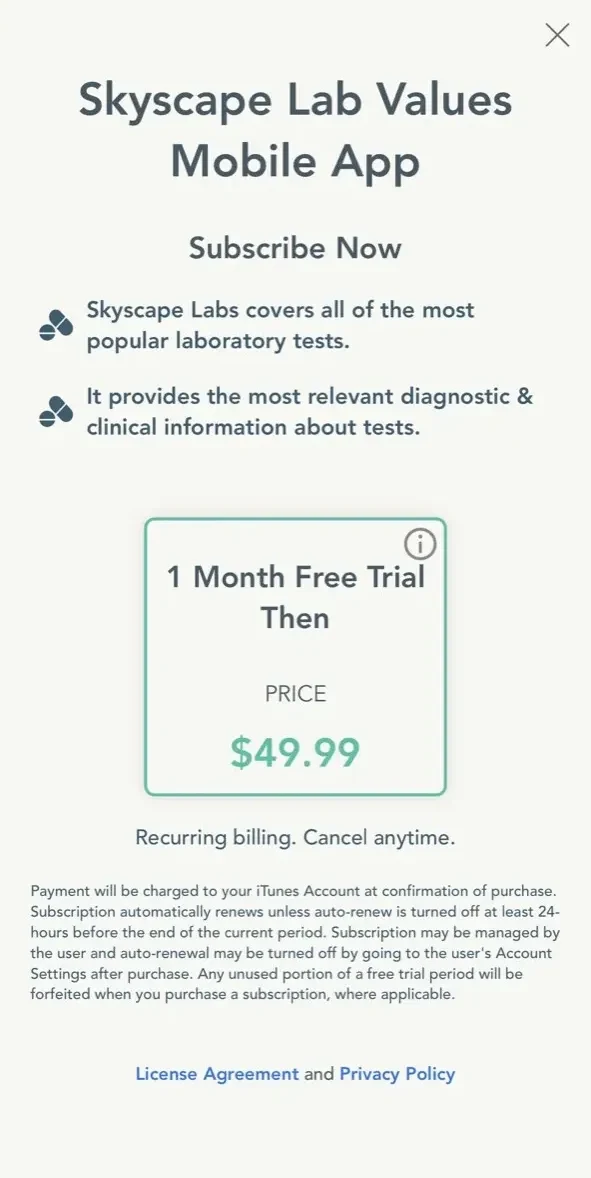Skyscape Lab Values Mobile App paywall screen
