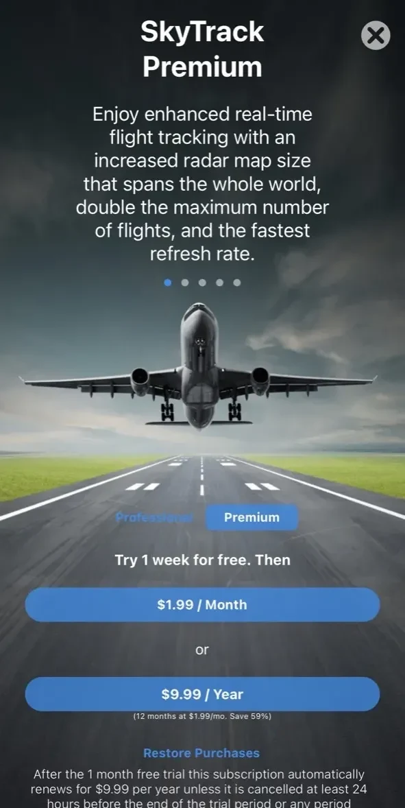 SkyTrack paywall screen