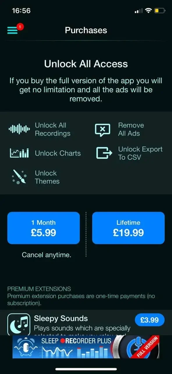 Sleep Recorder Plus paywall screen