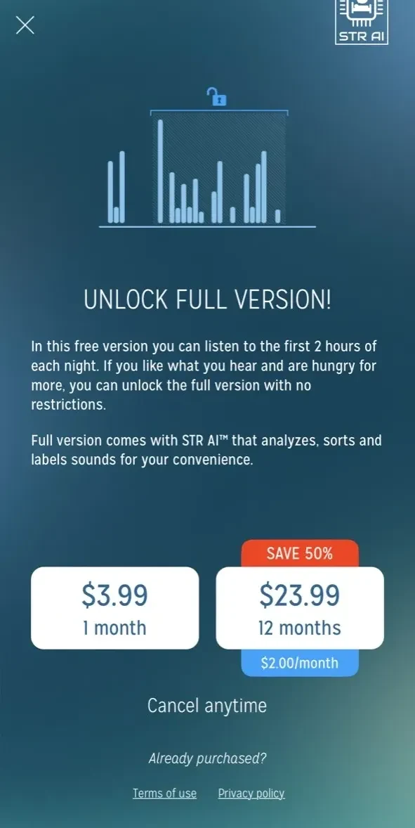 Sleep Talk Recorder paywall screen