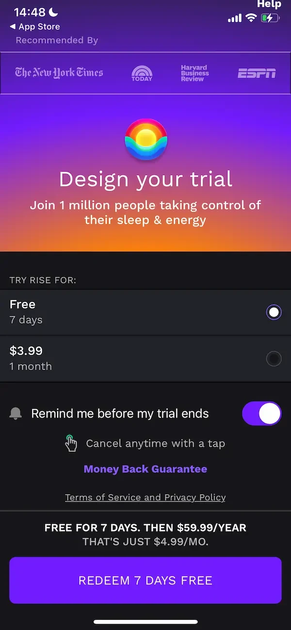 Rise paywall screen