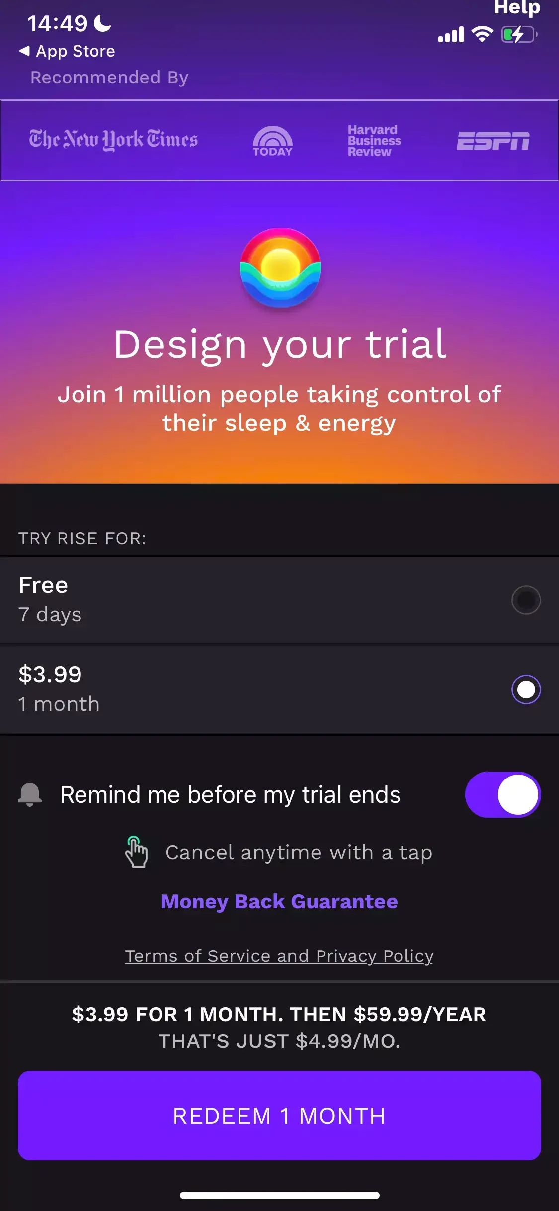 Rise paywall screen