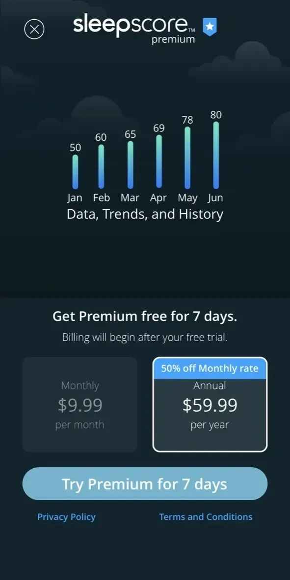 SleepScore paywall screen