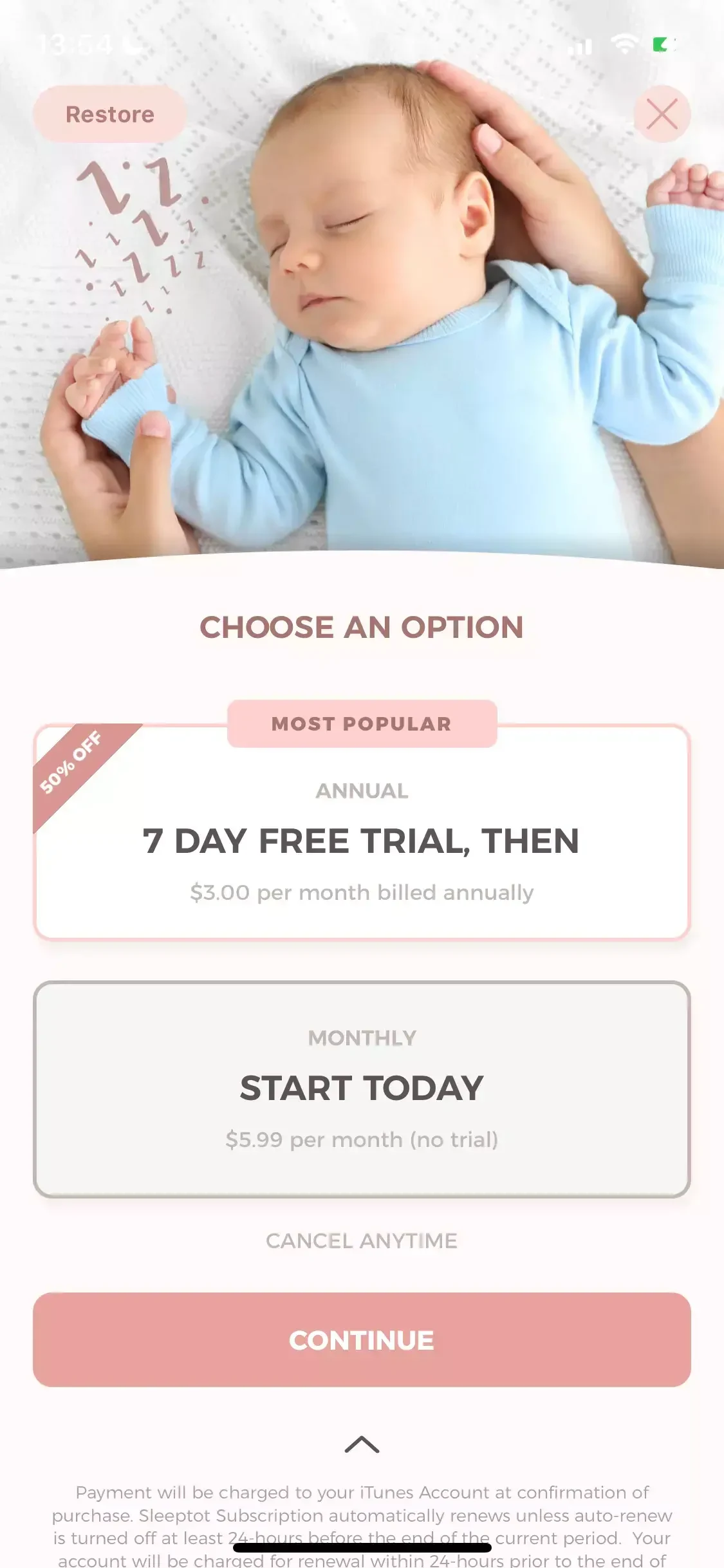 Sleeptot paywall screen