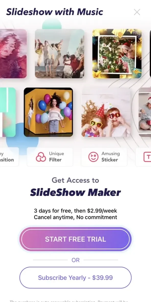 Slideshow Maker with Music paywall screen