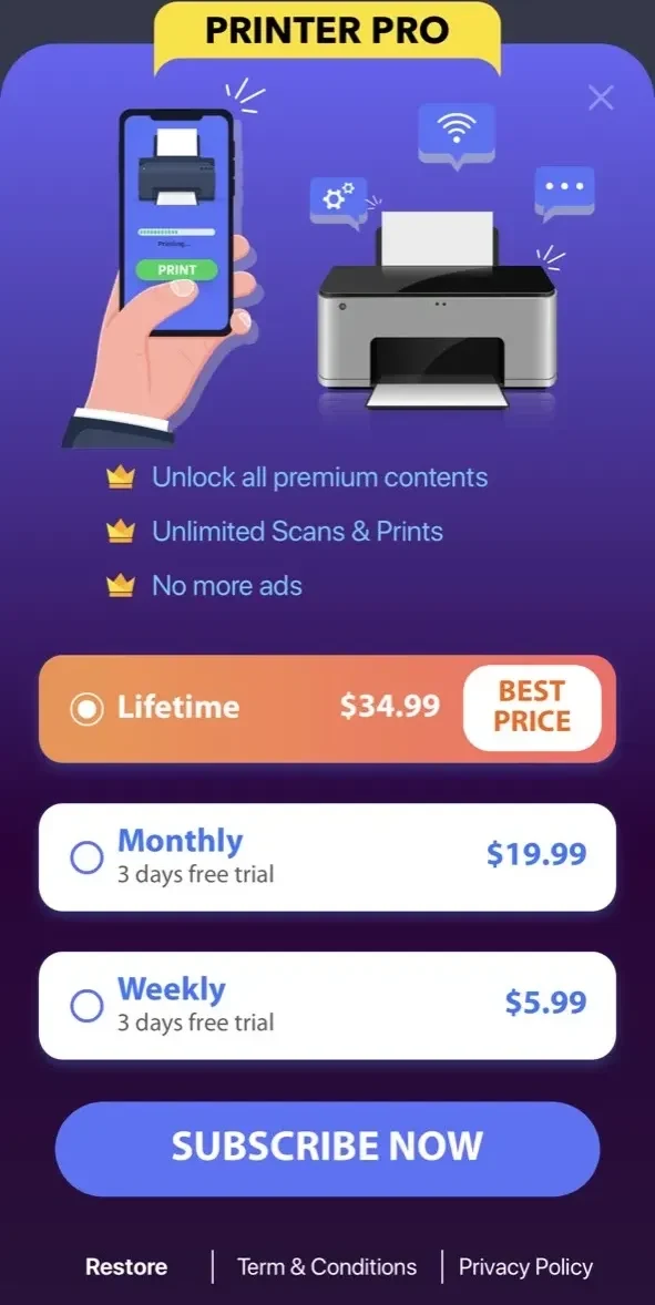 Smart Air Printer App paywall screen