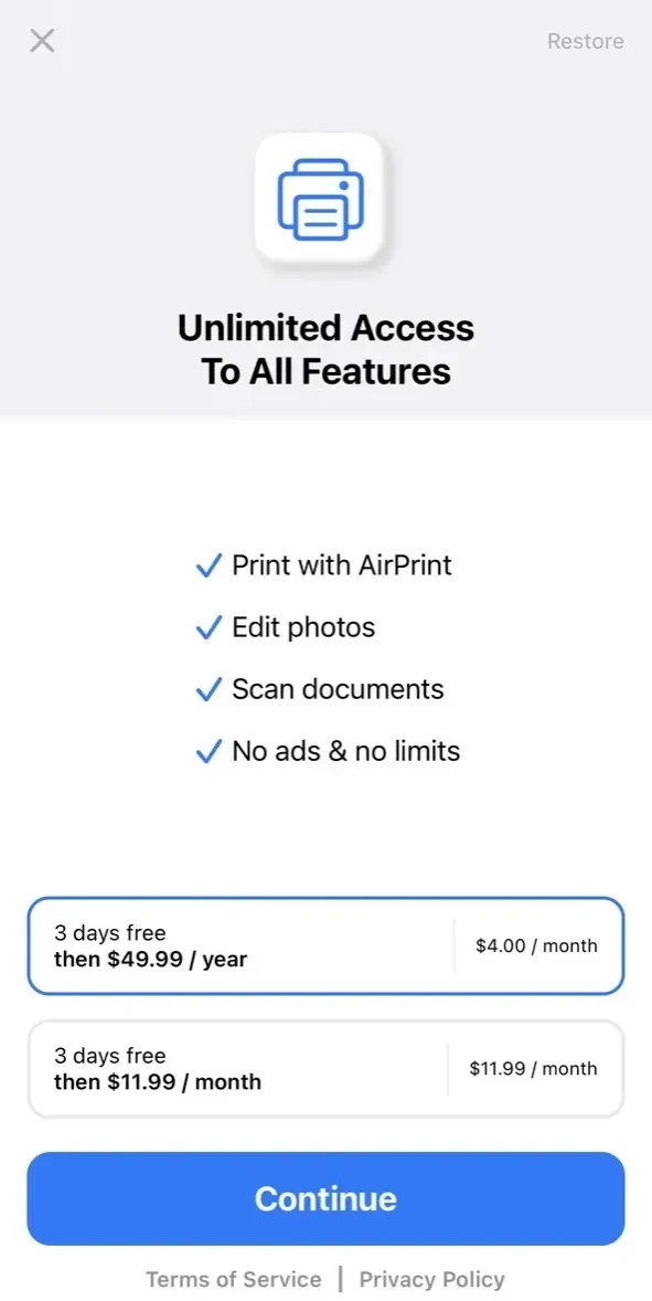 Smart Air Printer App paywall screen