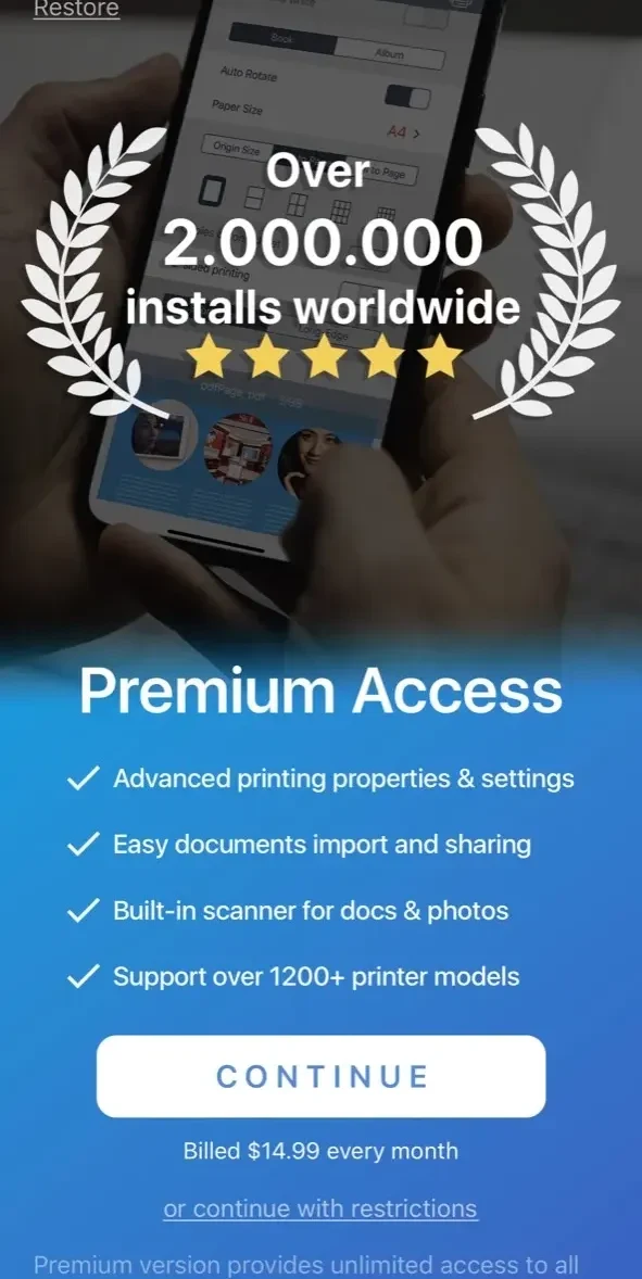 Tap & Print paywall screen