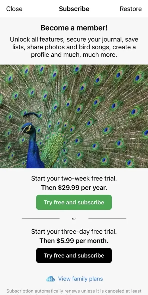 Smart Bird ID paywall screen
