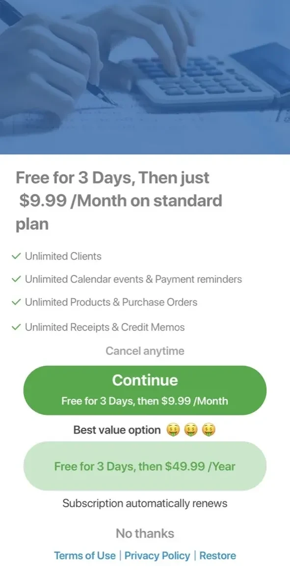 Invoice Maker paywall screen