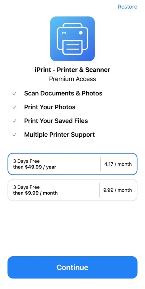 Smart Printer App paywall screen