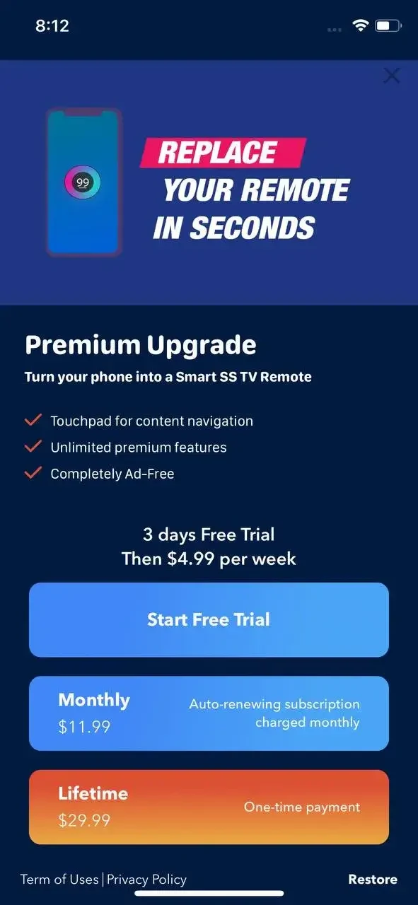Sam Smart TV Remote paywall screen
