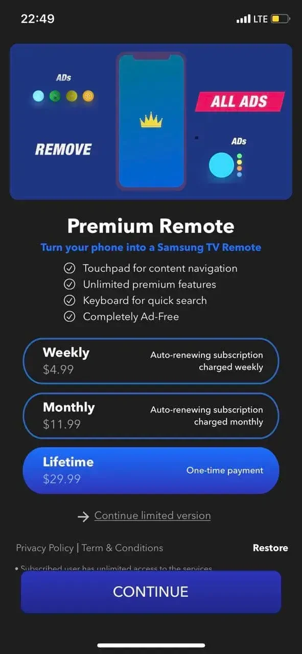 Sam Smart TV Remote paywall screen