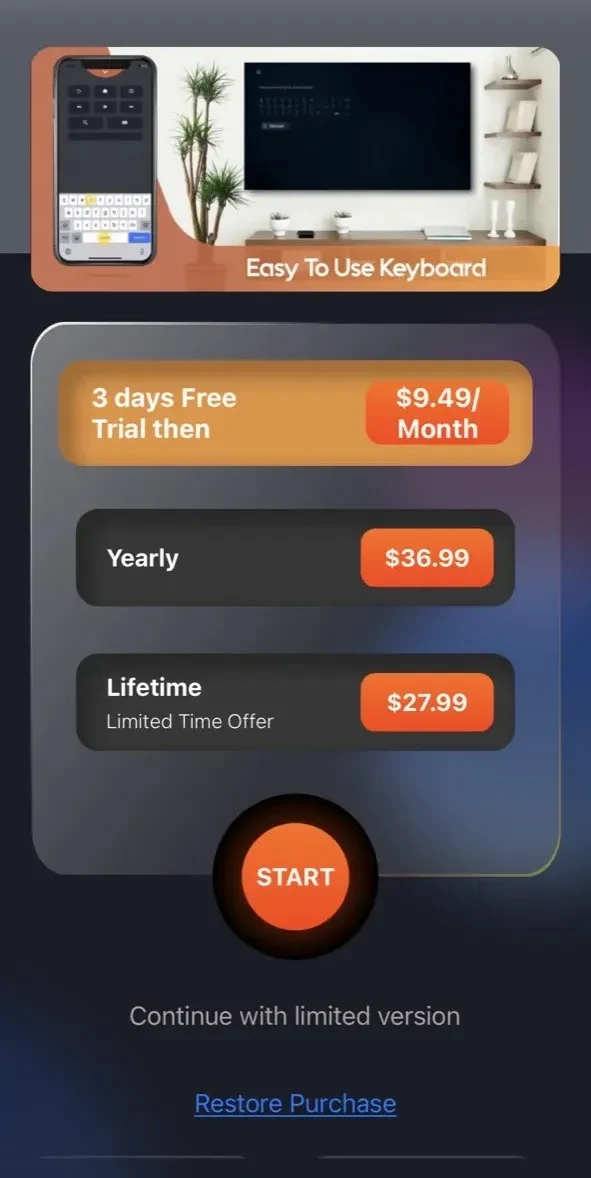 Smart TV Remote App. paywall screen