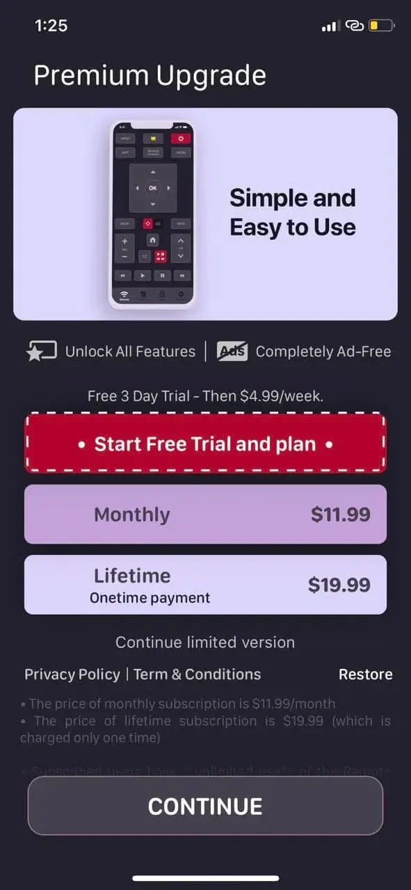 Smart TV Remote paywall screen