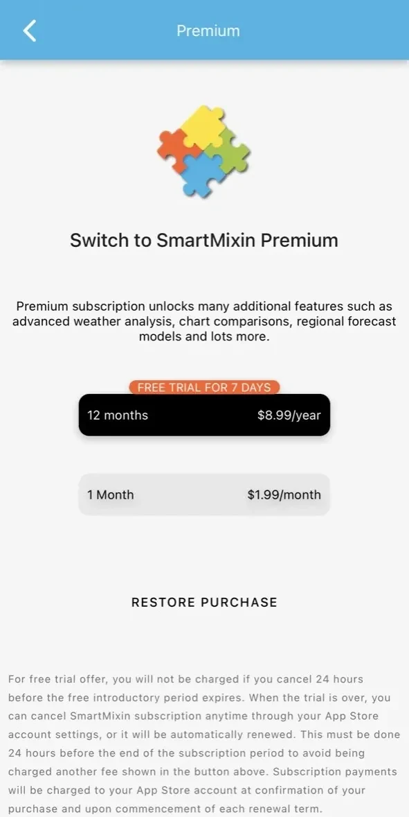 SmartMixin Weather paywall screen
