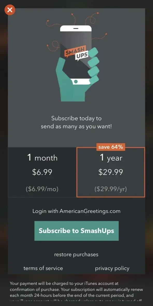 SmashUps paywall screen