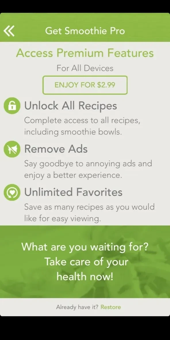 Smoothie Recipes Pro paywall screen