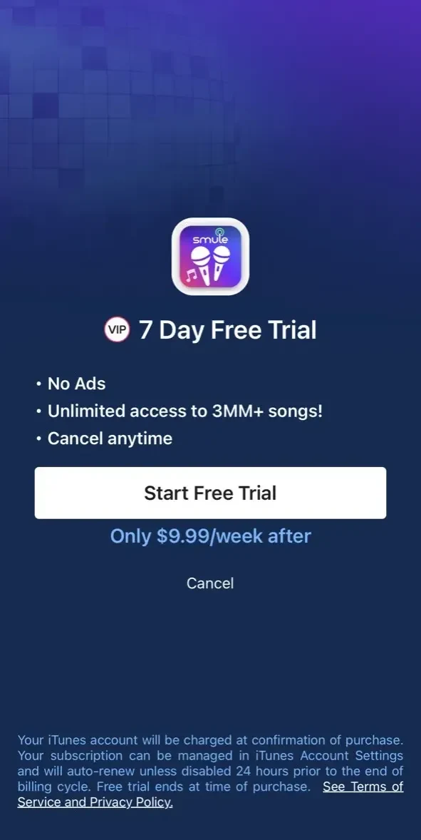 Smule paywall screen