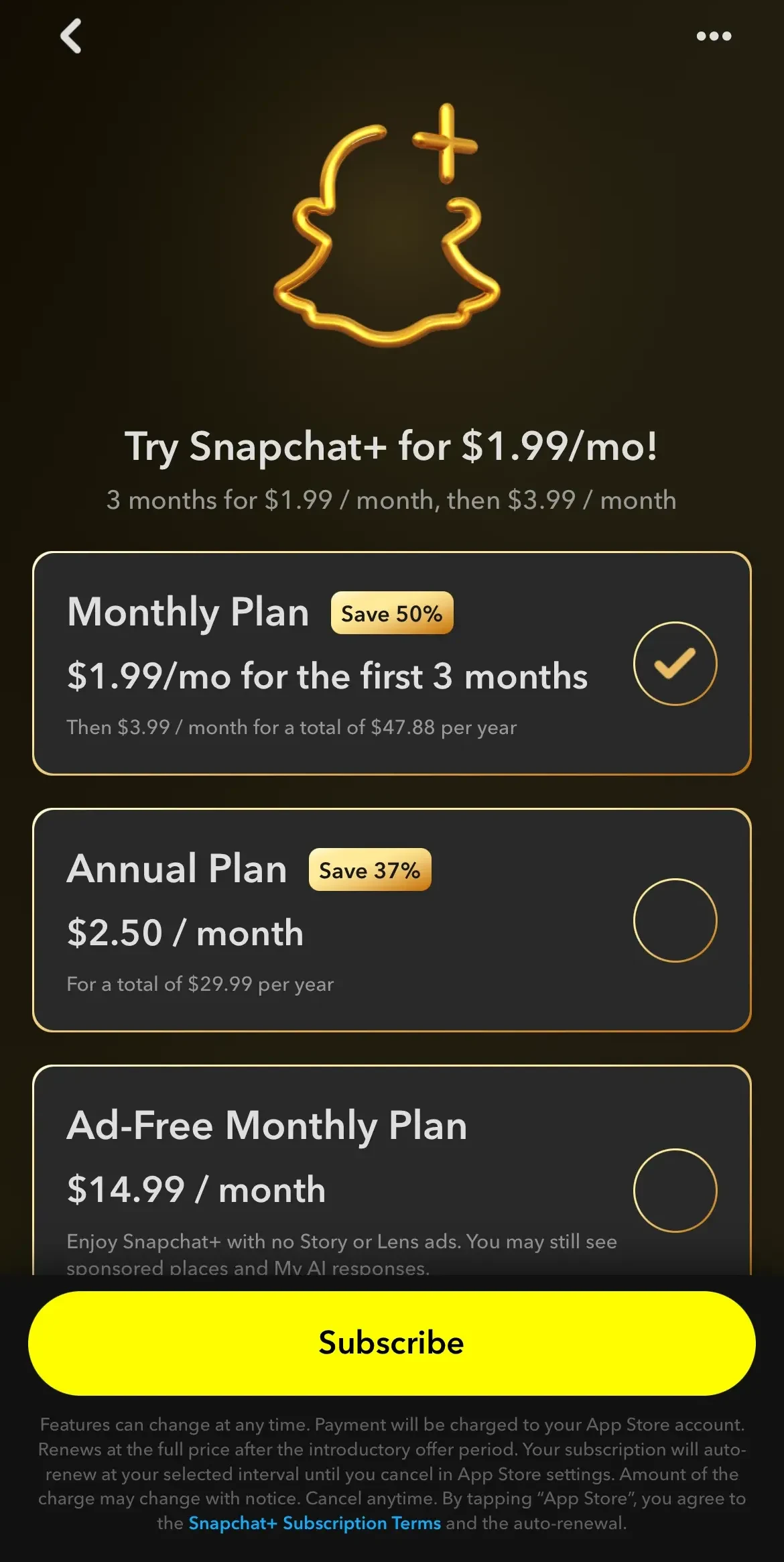 Snapchat paywall screen