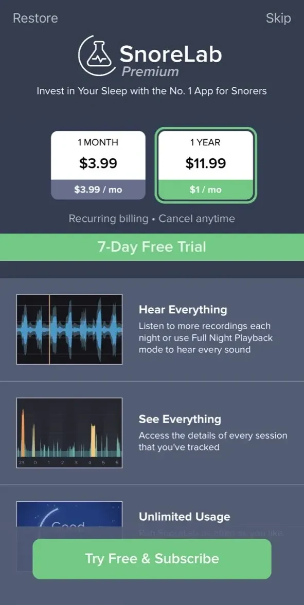 SnoreLab paywall screen