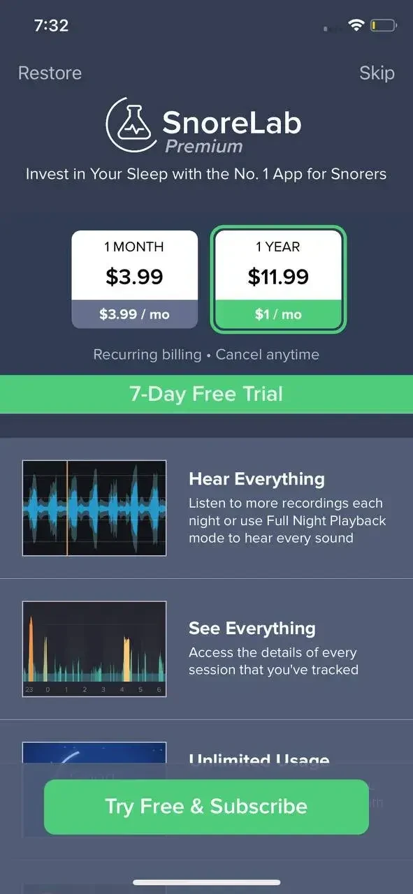 SnoreLab paywall screen