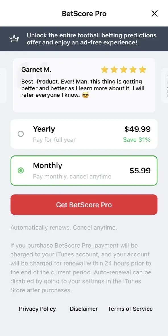 Soccer Betting Tips paywall screen