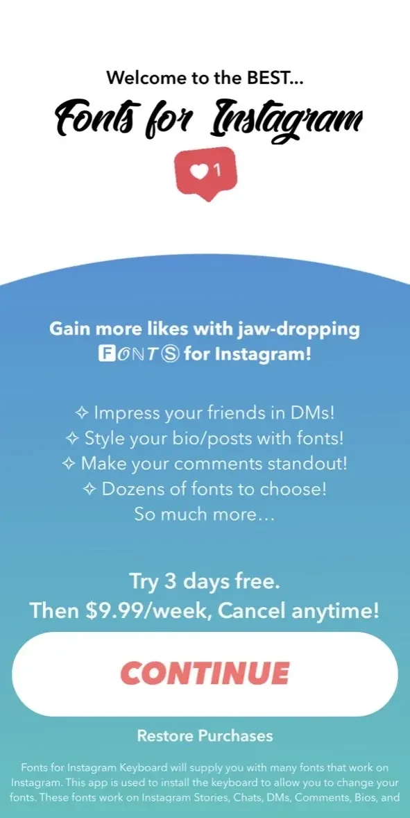 Social Fonts Keyboard paywall screen