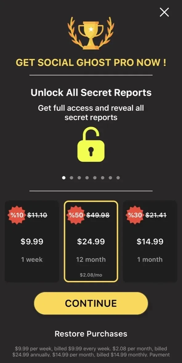 Social Ghost paywall screen