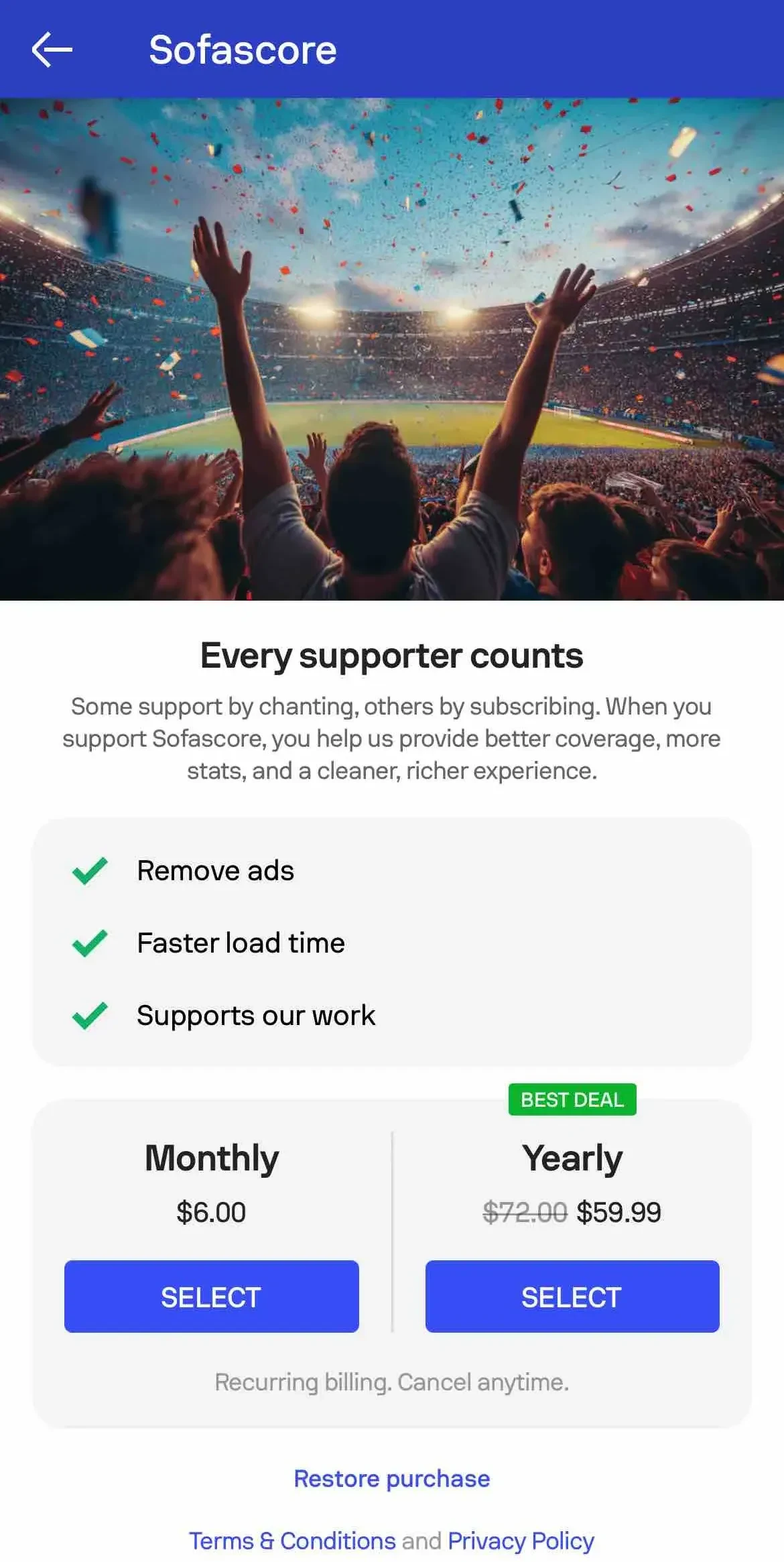 Sofascore paywall screen