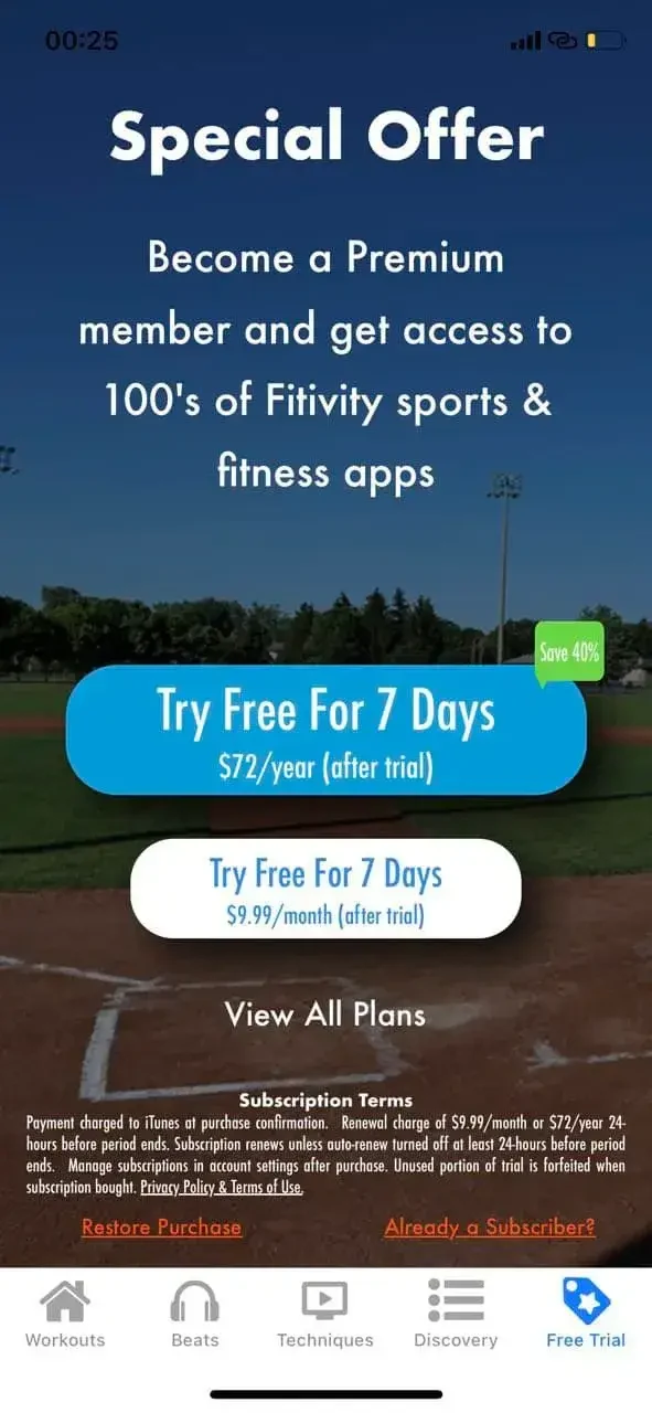 Softball Training paywall screen