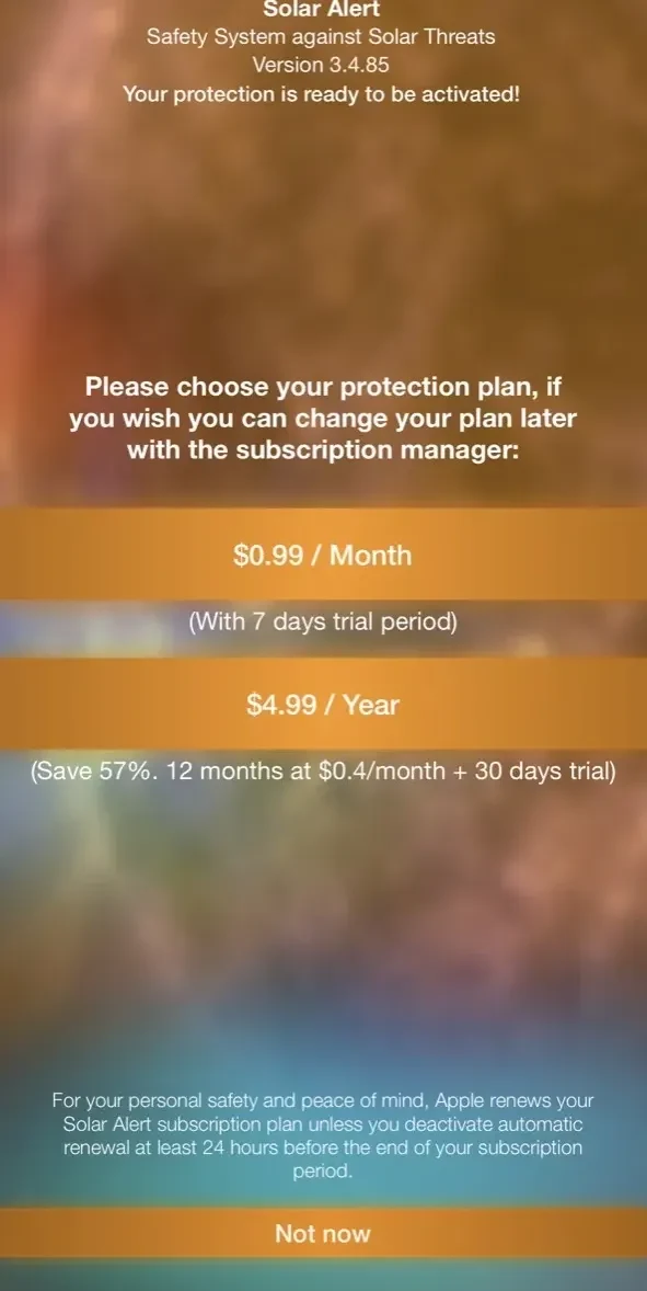Solar Alert paywall screen