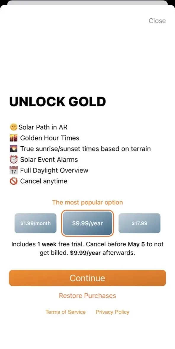 SolarWatch Sunrise Sunset Time paywall screen