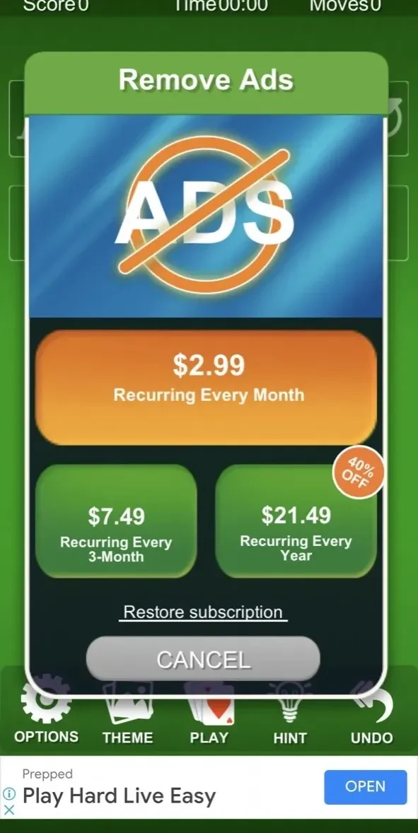 Solitaire paywall screen