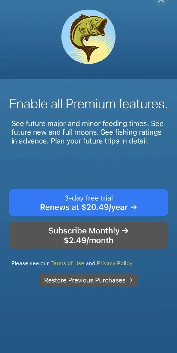 Solunar Best Fishing Times paywall screen