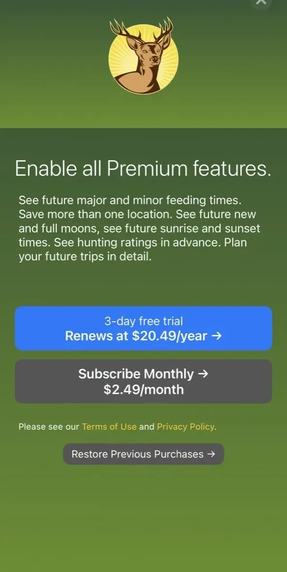 Solunar Best Hunting Times paywall screen