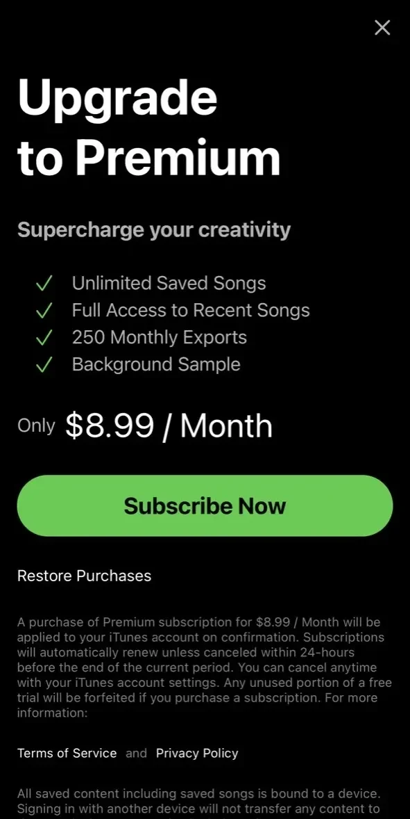 Songen paywall screen