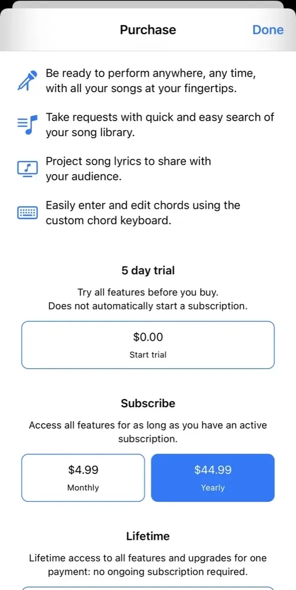 SongSheet Pro Setlist helper paywall screen