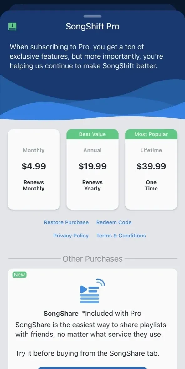 SongShift paywall screen