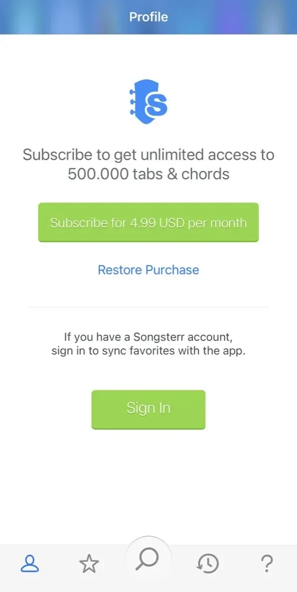 Songsterr Tabs paywall screen
